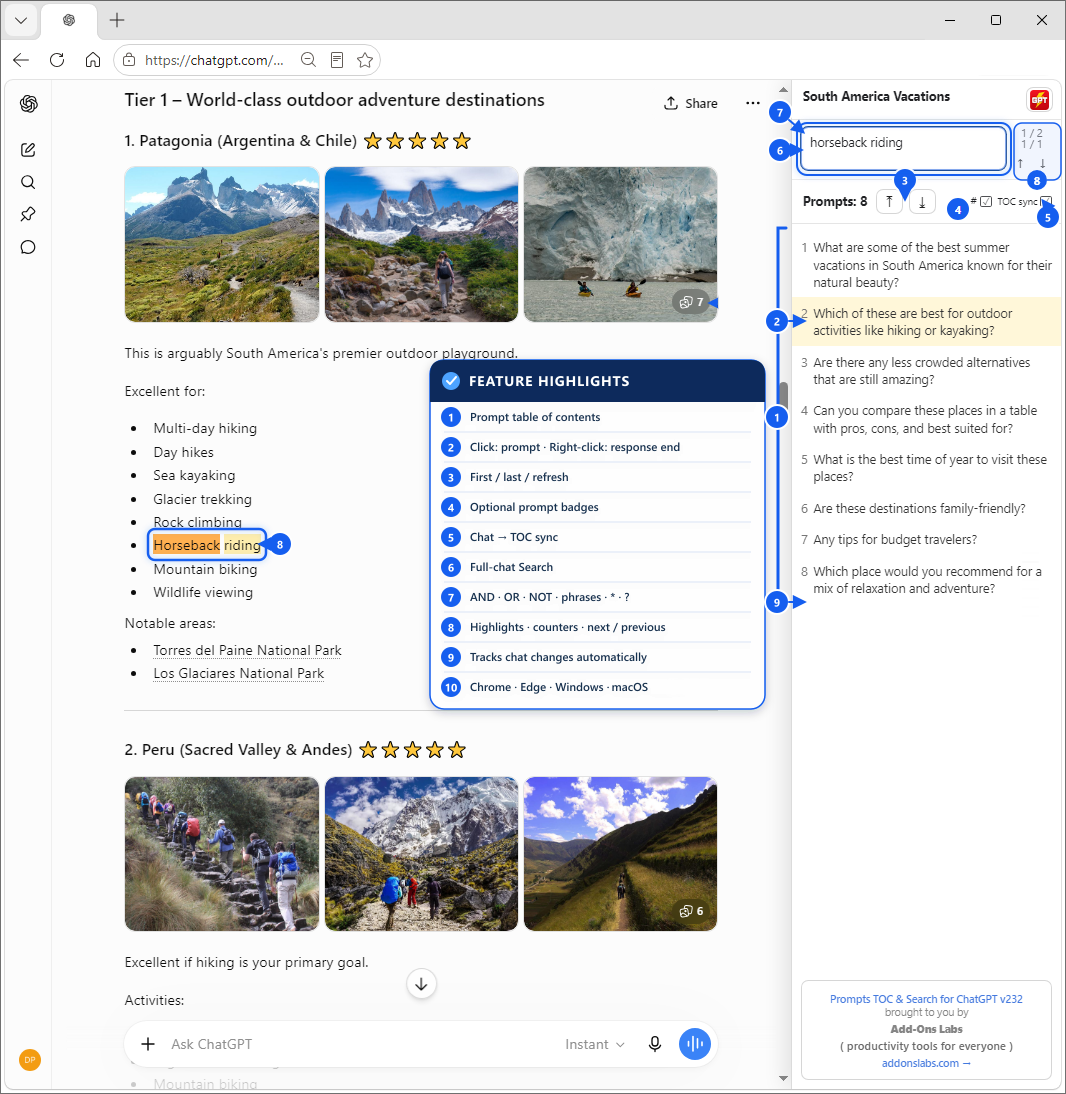 ChatGPT conversation with the Prompts TOC & Search panel showing a searchable list of prompts